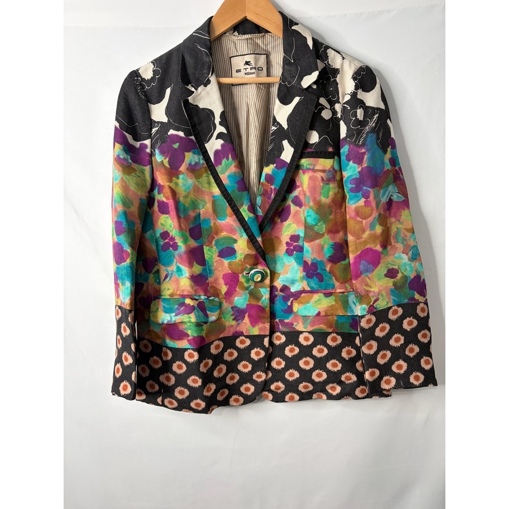 Etro Milano Silk Blazer Jacket Womens M Floral Patchwork Coat Abstract Italy